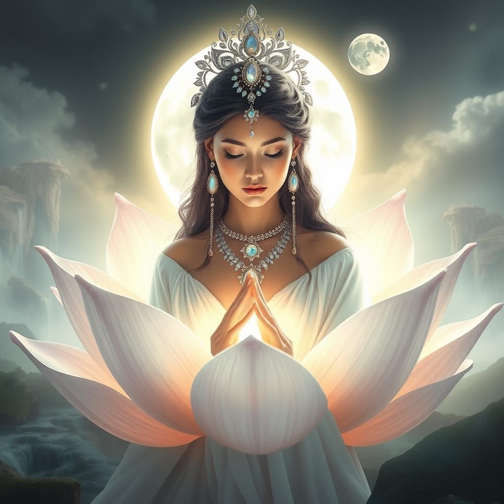 Serene Goddess in Lotus Flower Moonlight, Celestial Jewels, ...