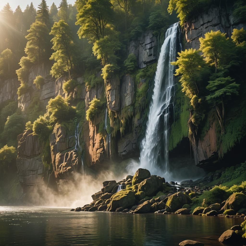 Cinematic Waterfall Landscape Inspired by Albert Bierstadt