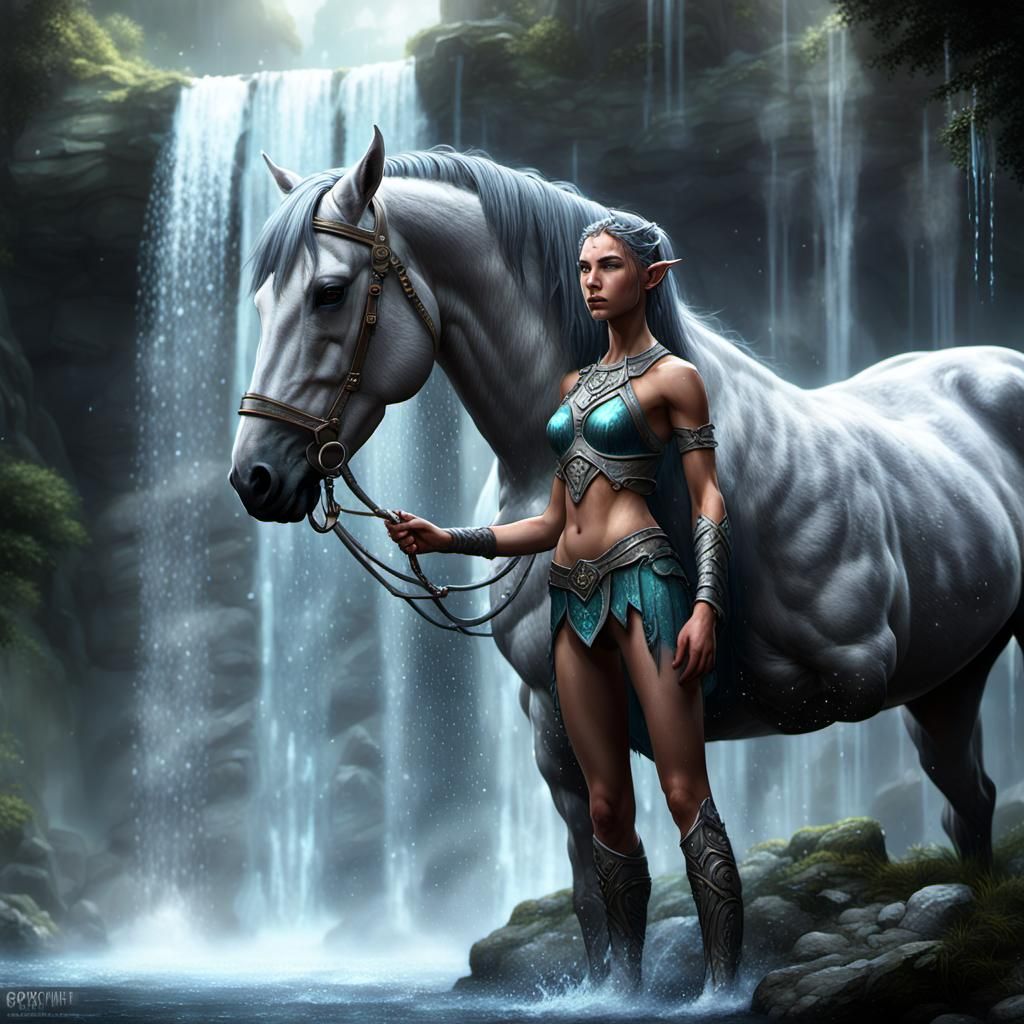 Elf Woman and Horse at Waterfall in Dark Fantasy Style