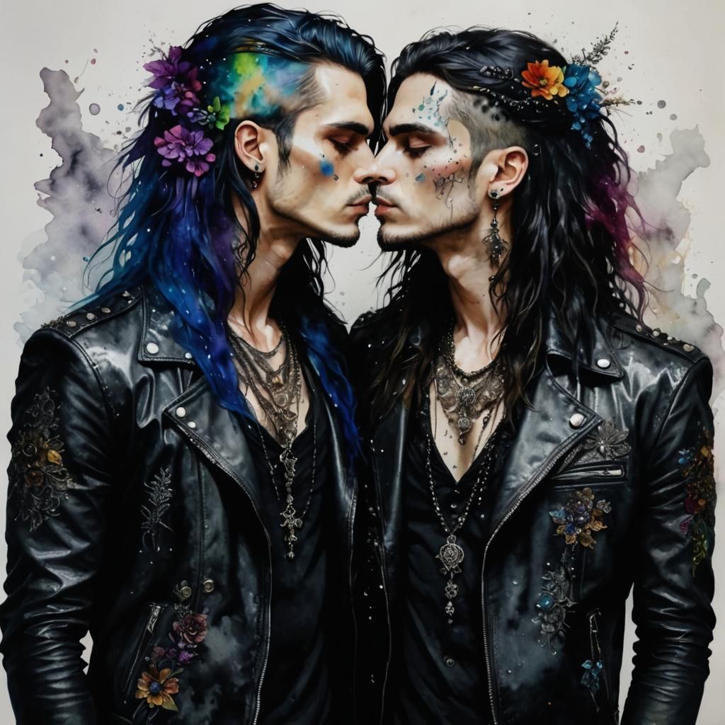 Watercolor Goth Men Kissing with Rainbow Sparkles