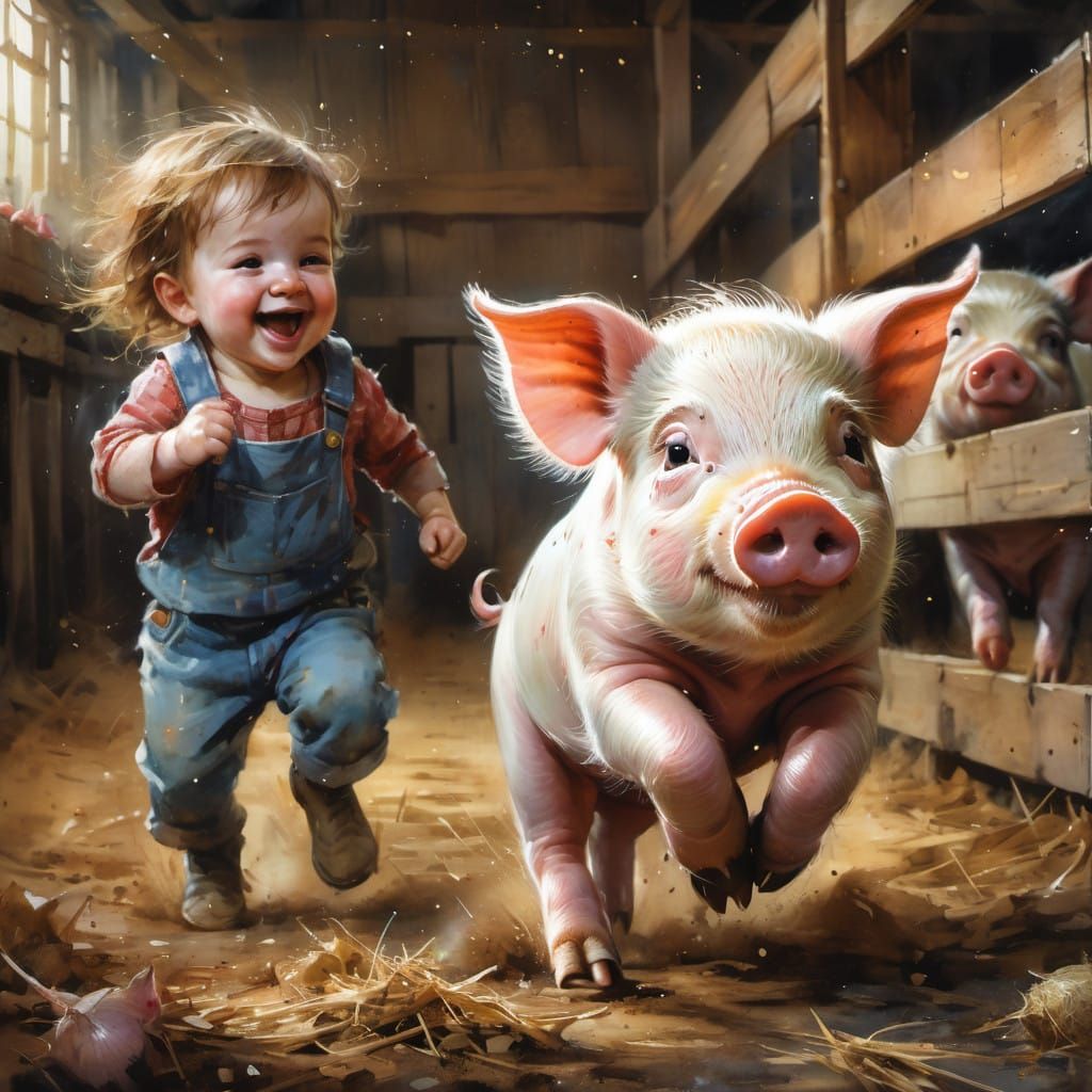 Whimsical Watercolor Scene of a Happy Pig Escaping a Toddler...