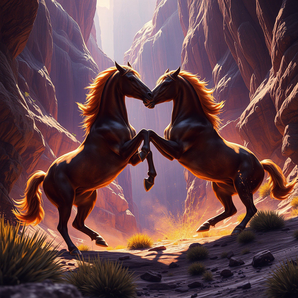 Stallions Clash in New Mexico Canyon: Dark Fantasy Art