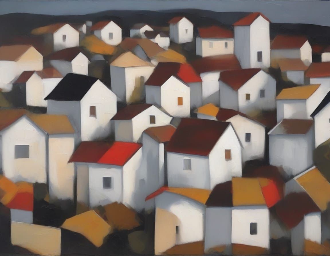 Expressionist Village in Dark Mountains