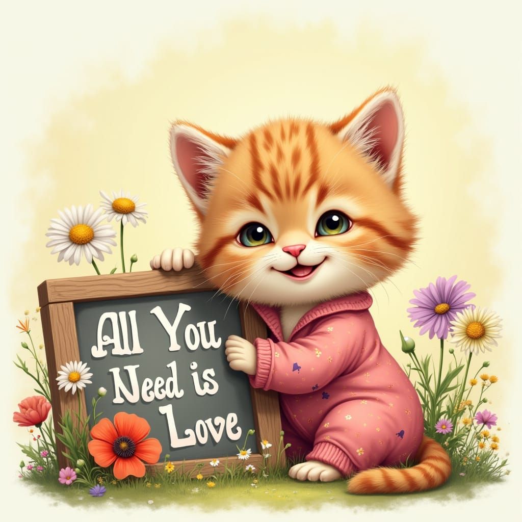 Smiling Kitten in Pajamas with Flower Garden