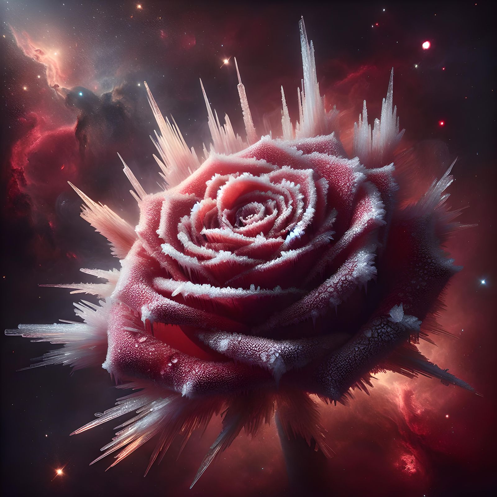 Frost Covered Rose in Cosmic Nebula: Digital Art