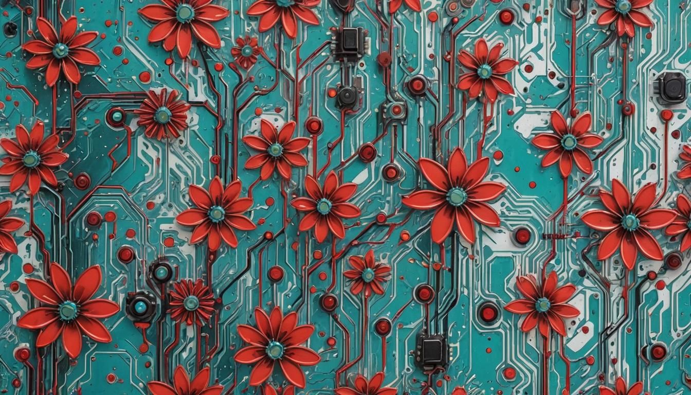 Flowers Bloom on Circuit Board in Abstract Style