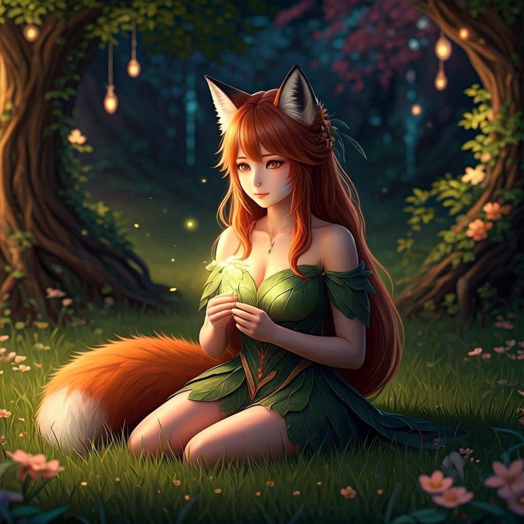 Fox Woman in Enchanted Meadow at Twilight