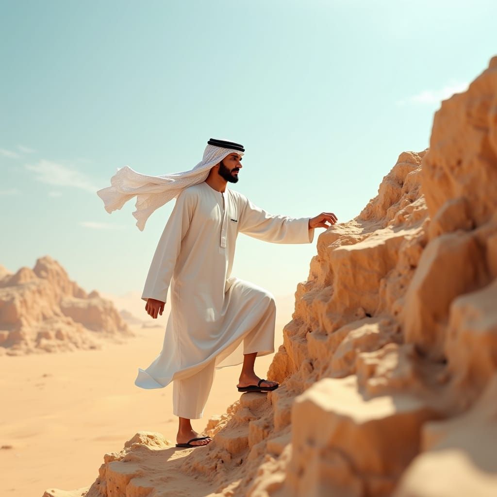 Arab Adventurer Ascends Papercraft Desert Mountain