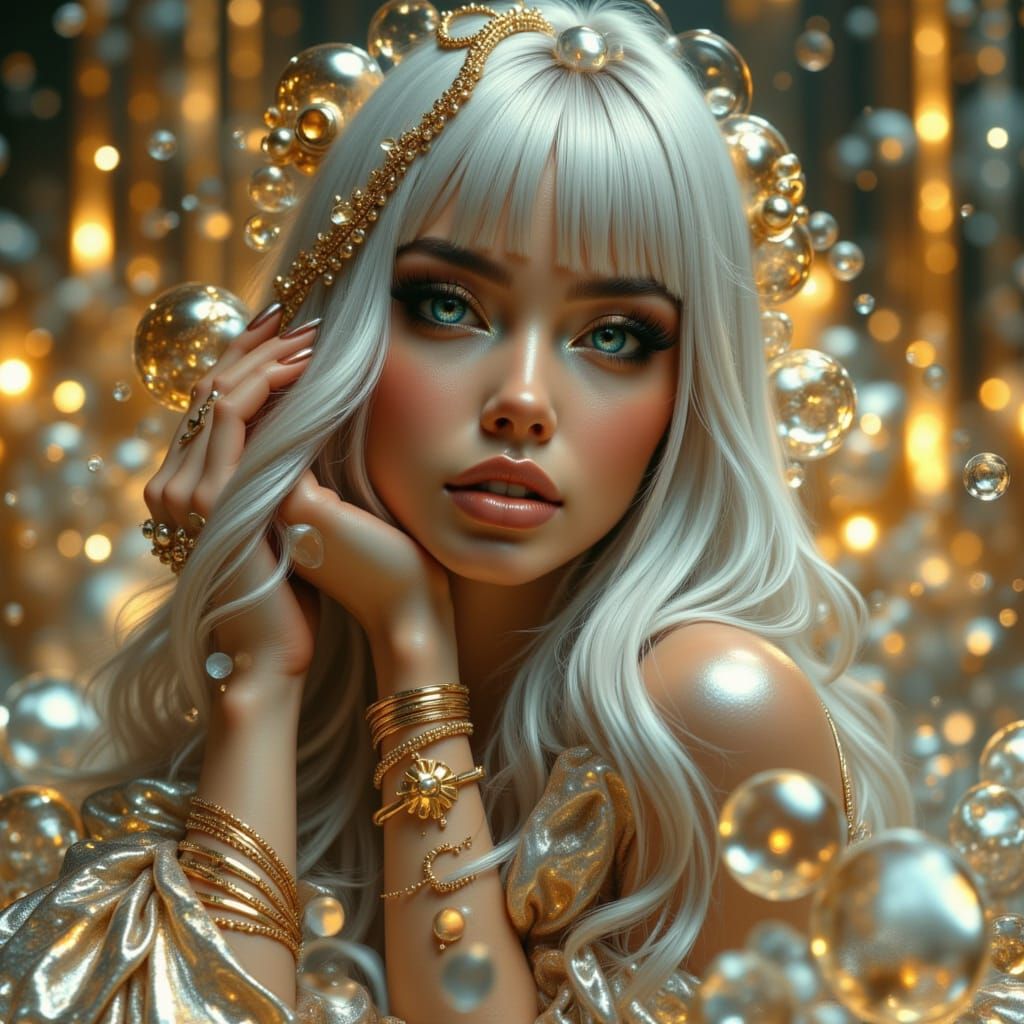 Fantasy Woman with Gold Makeup and Silver Hair