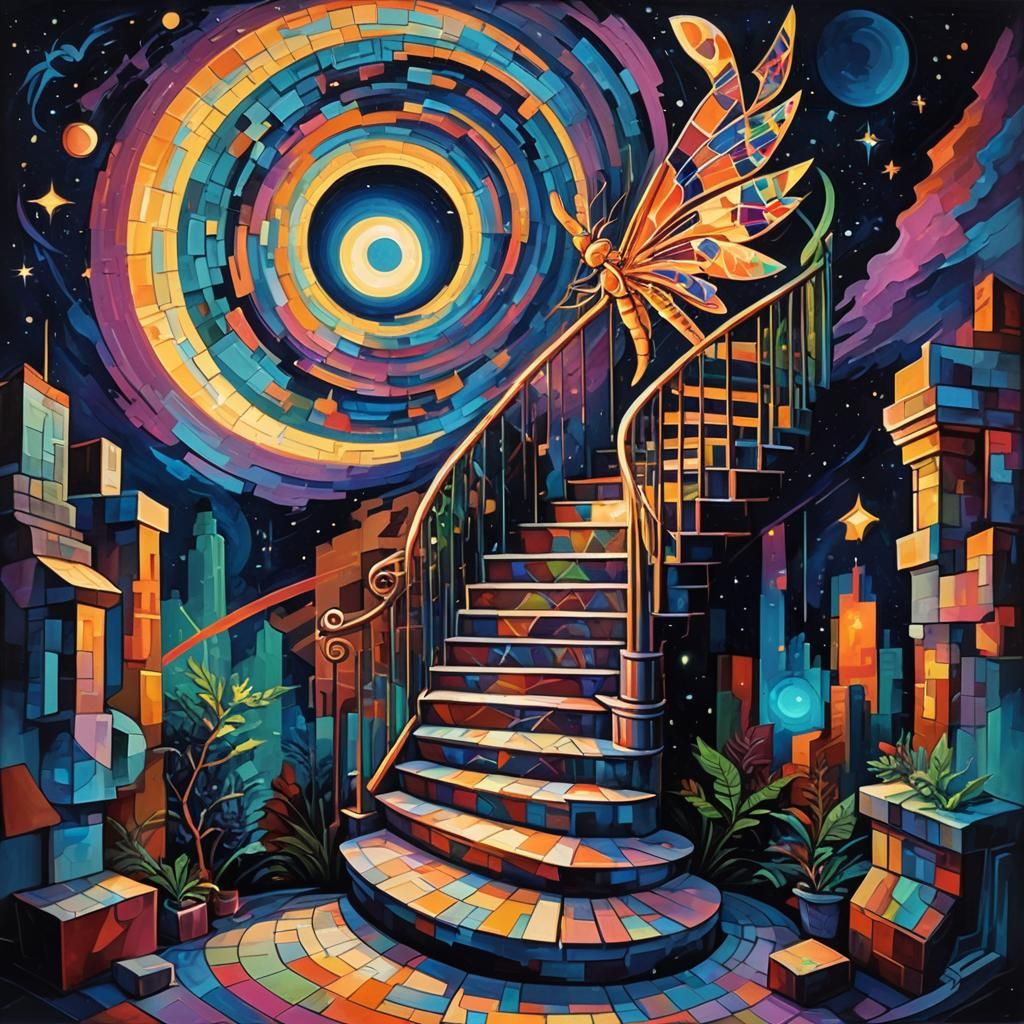 Stardust Staircase to the Moon: Cubist Digital Art