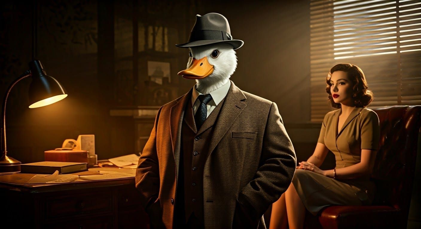Noir Duck Detective in Dimly Lit Office