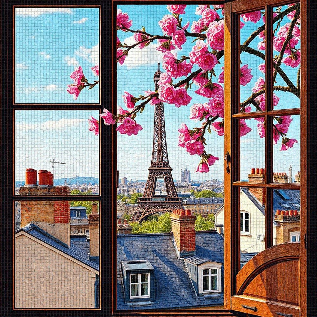 Parisian Mosaic Masterpiece: Eiffel Tower and Blossoming Tre...