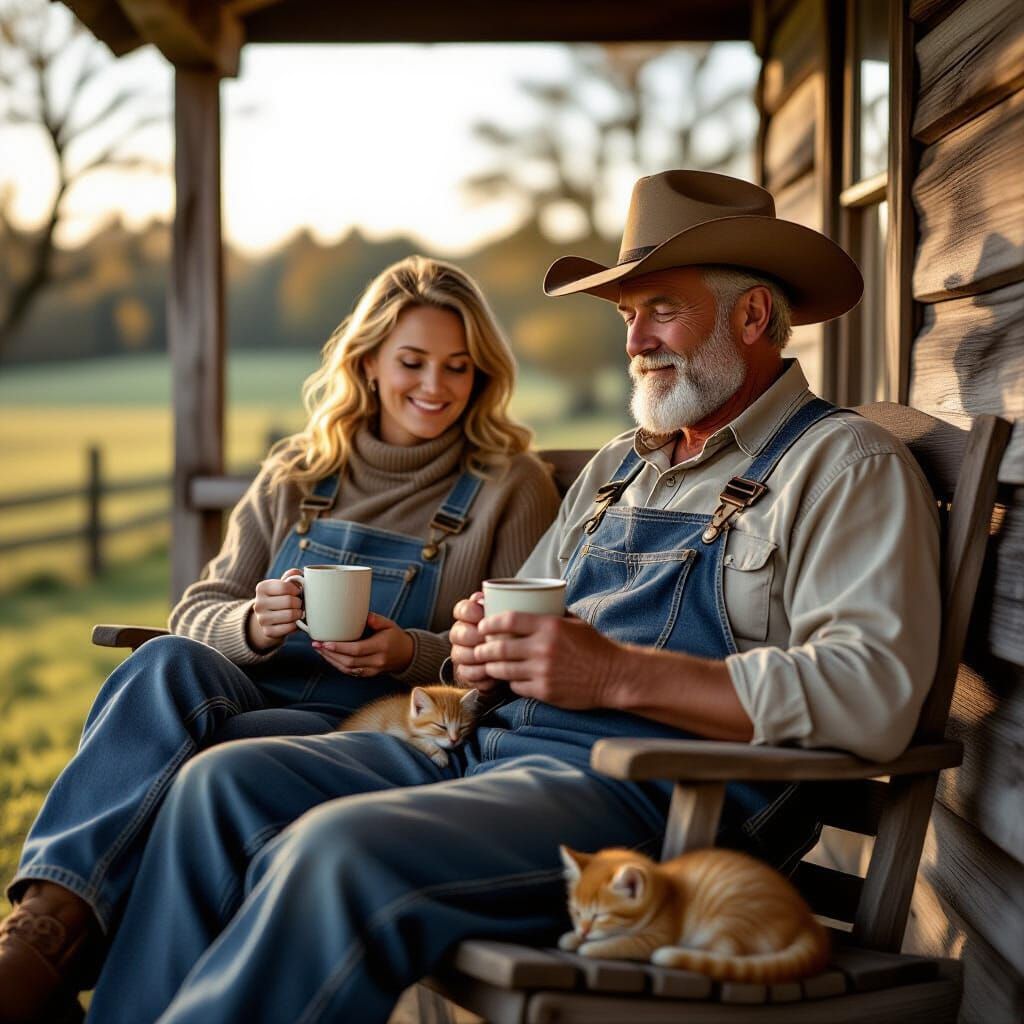 Farmer and Wife Enjoy Morning Coffee on Porch with Kitten