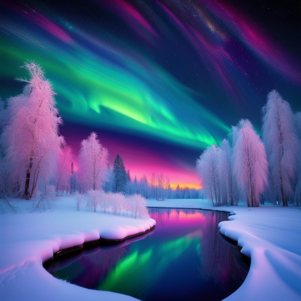 Aurora Borealis over Winter Wonderland Pond