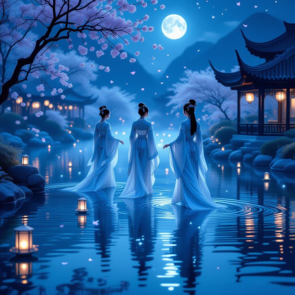 Elegant Maidens in Dreamlike Twilight Garden