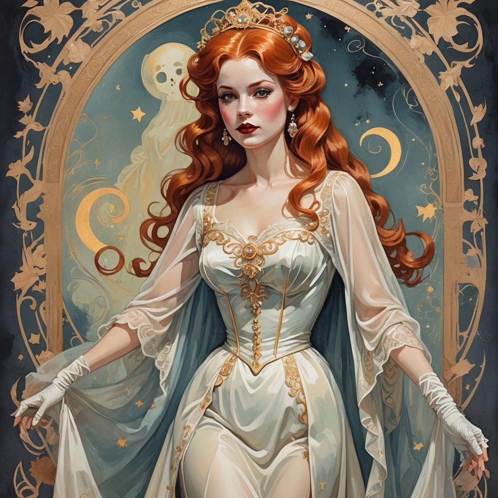 Retro Redhead Pinup in Gouache with Ghost Costume