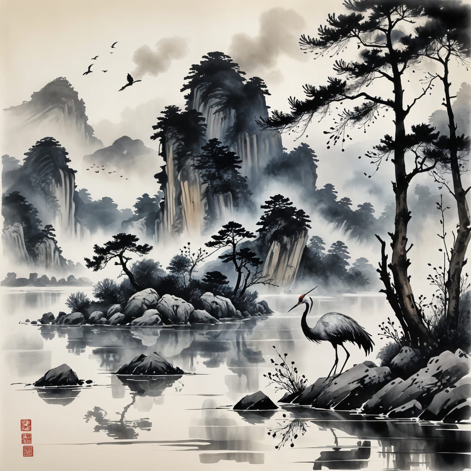 Serene Crane by Misty River in Sumi-e Style