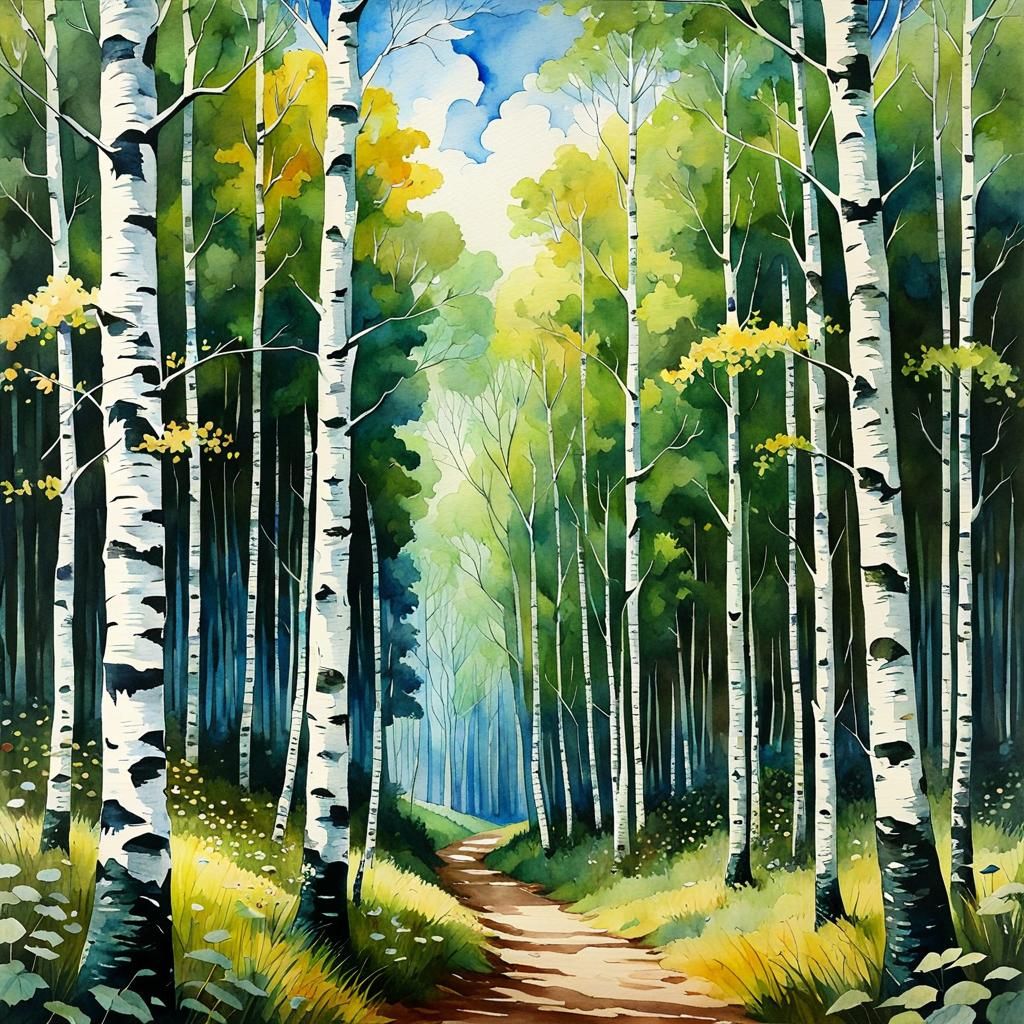 Watercolor Birch Forest in Pre-Raphaelite Anime Style
