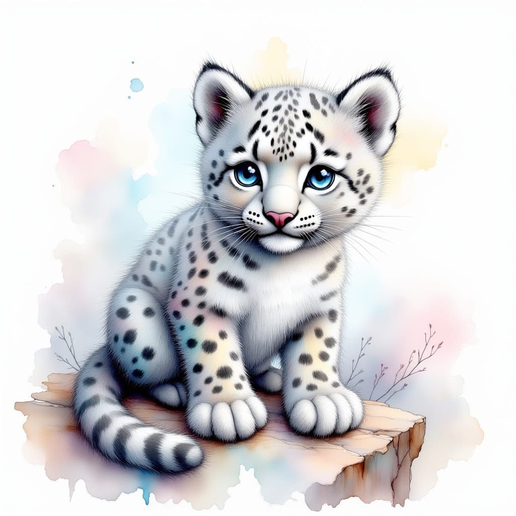 Adorable Baby Snow Leopard Cub with Blue Eyes in Mountain Mi...