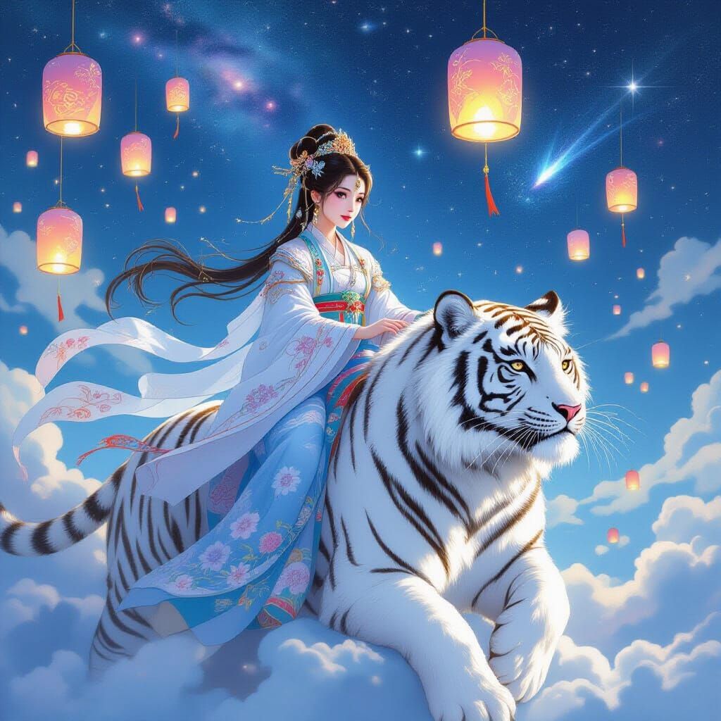 Celestial Princess Rides White Tiger in Hanfu