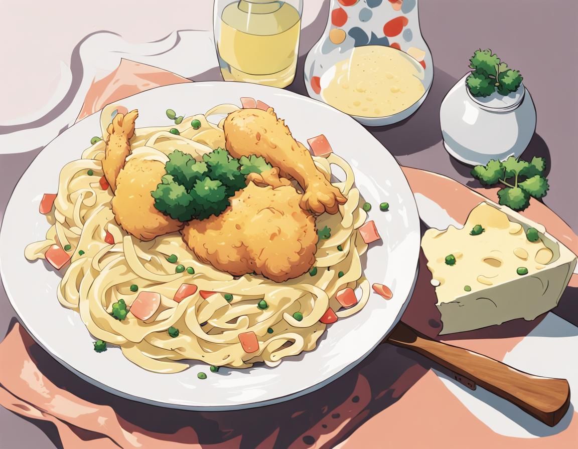 Cheesy Chicken Alfredo in Anime Art Style