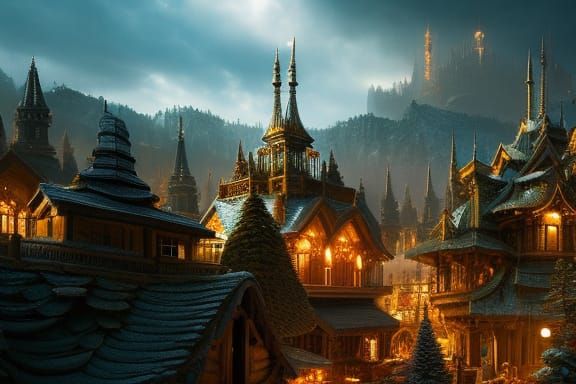 Intricate Gingerbread City at Christmas in Digital Art
