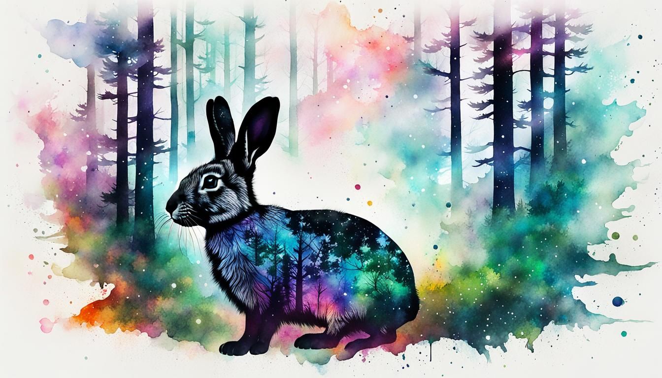 Cosmic Rabbit Double Exposure Watercolor Art