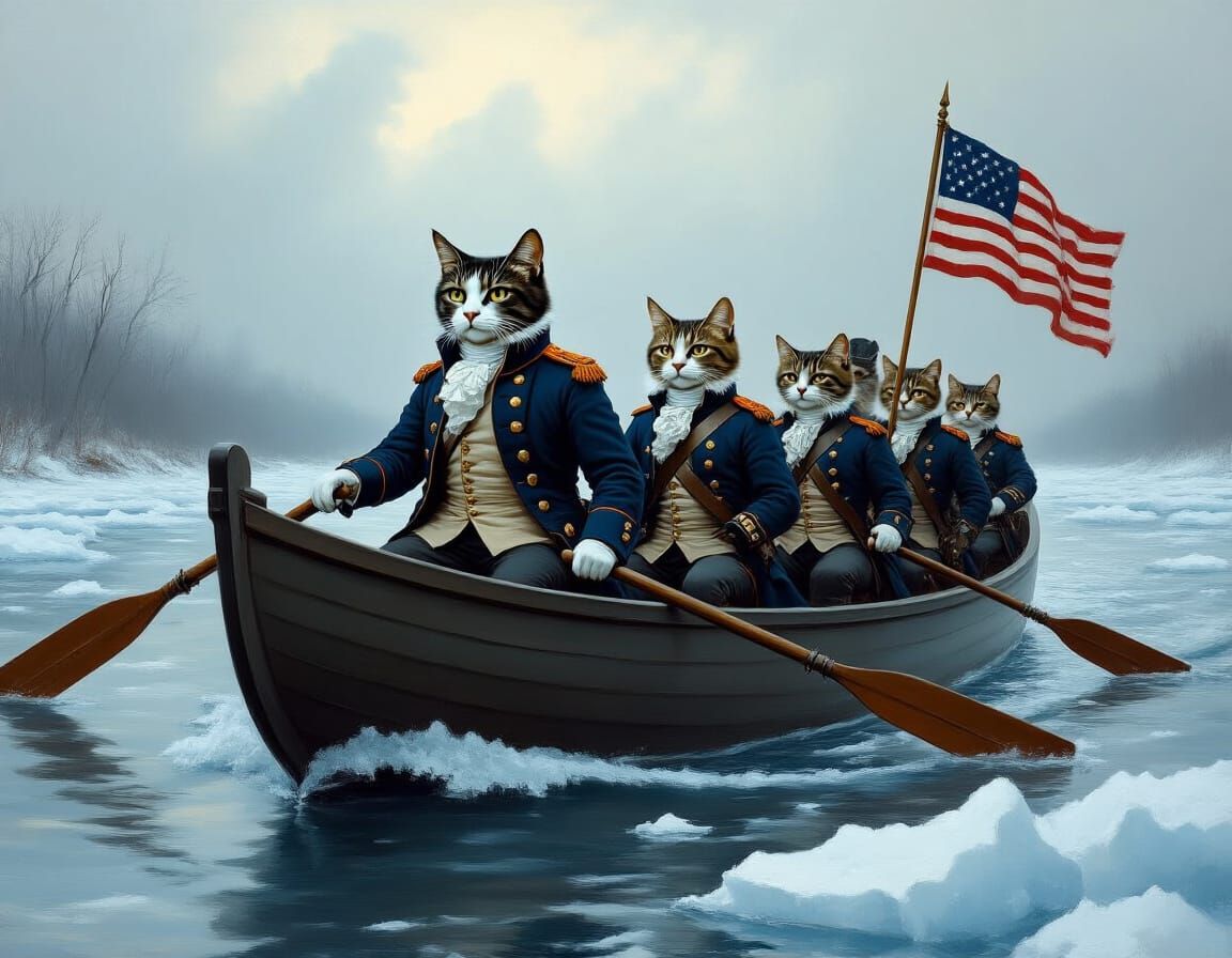Cats Recreate Washington Crossing the Delaware as Painting