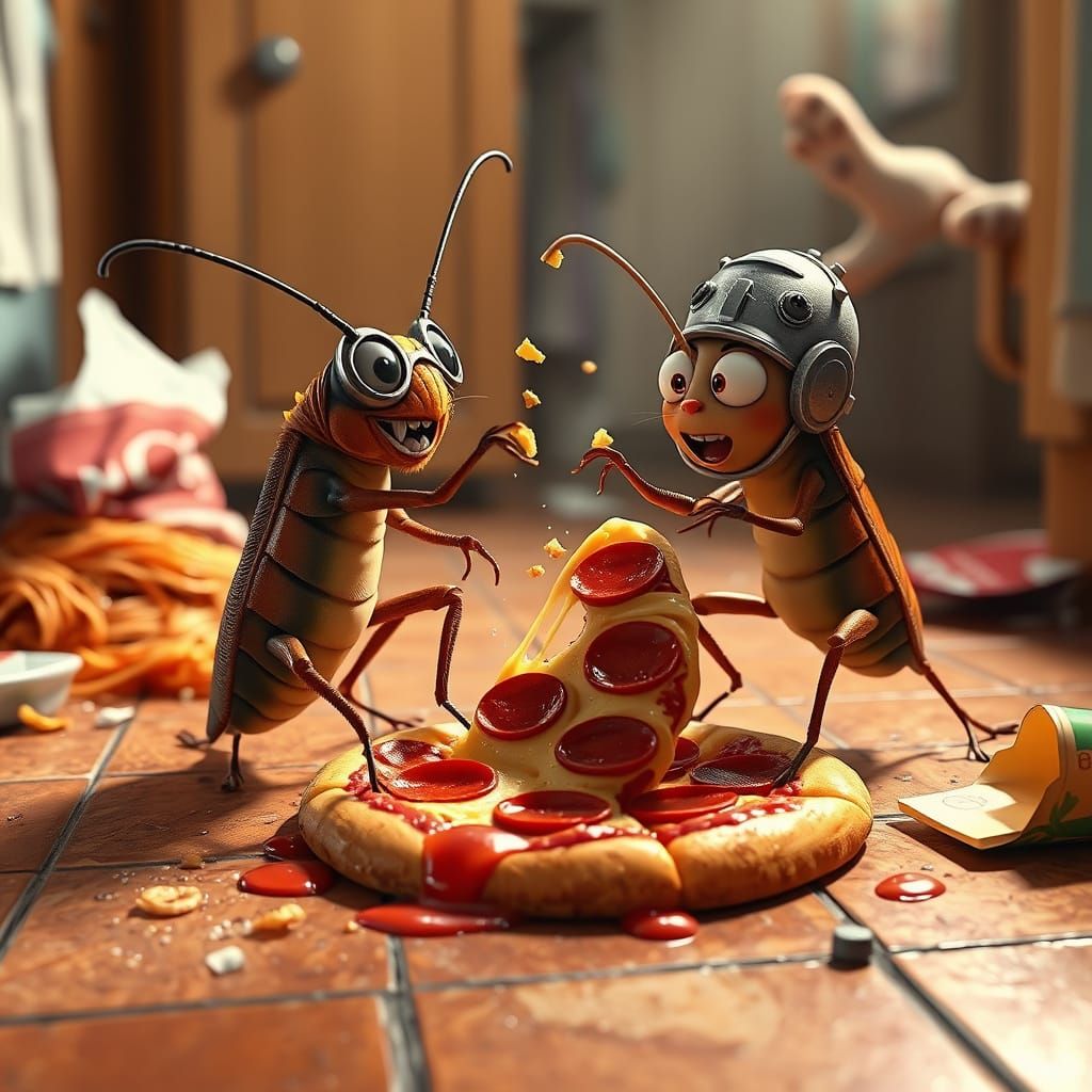 Epic Cockroach Battle for Pizza, Pixar-Style 3D Animation