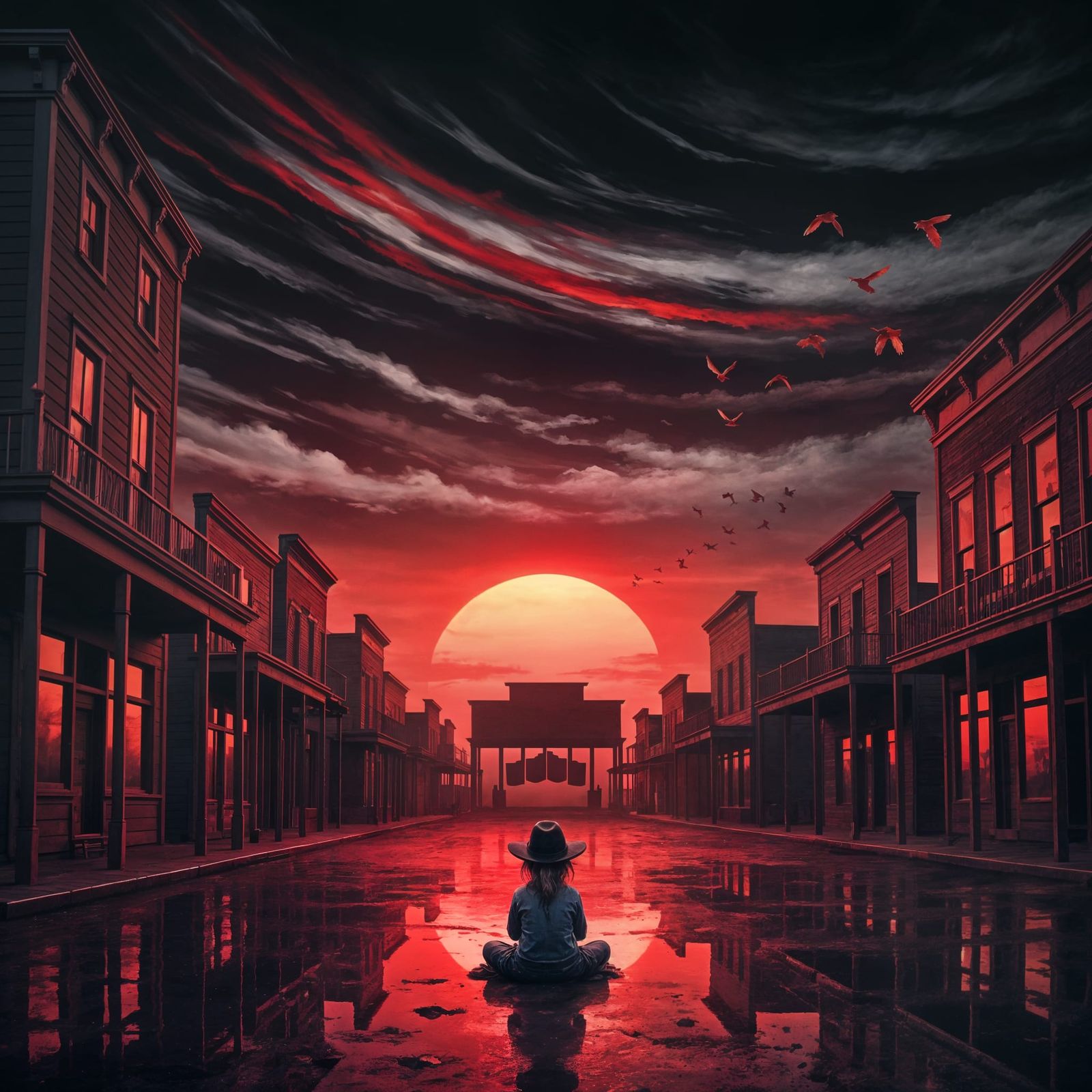 Surreal Old West Town Scene with Contemplative Cowgirl