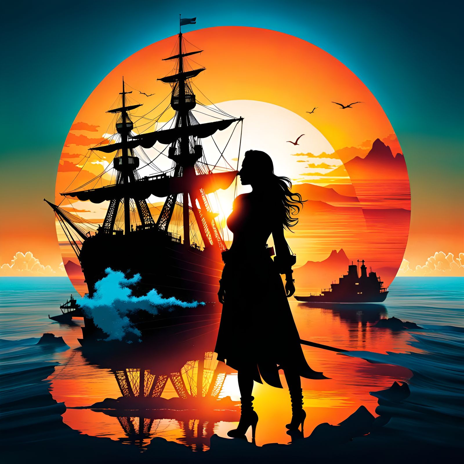 Pirate Silhouette Double Exposure: Shipwreck Sunset