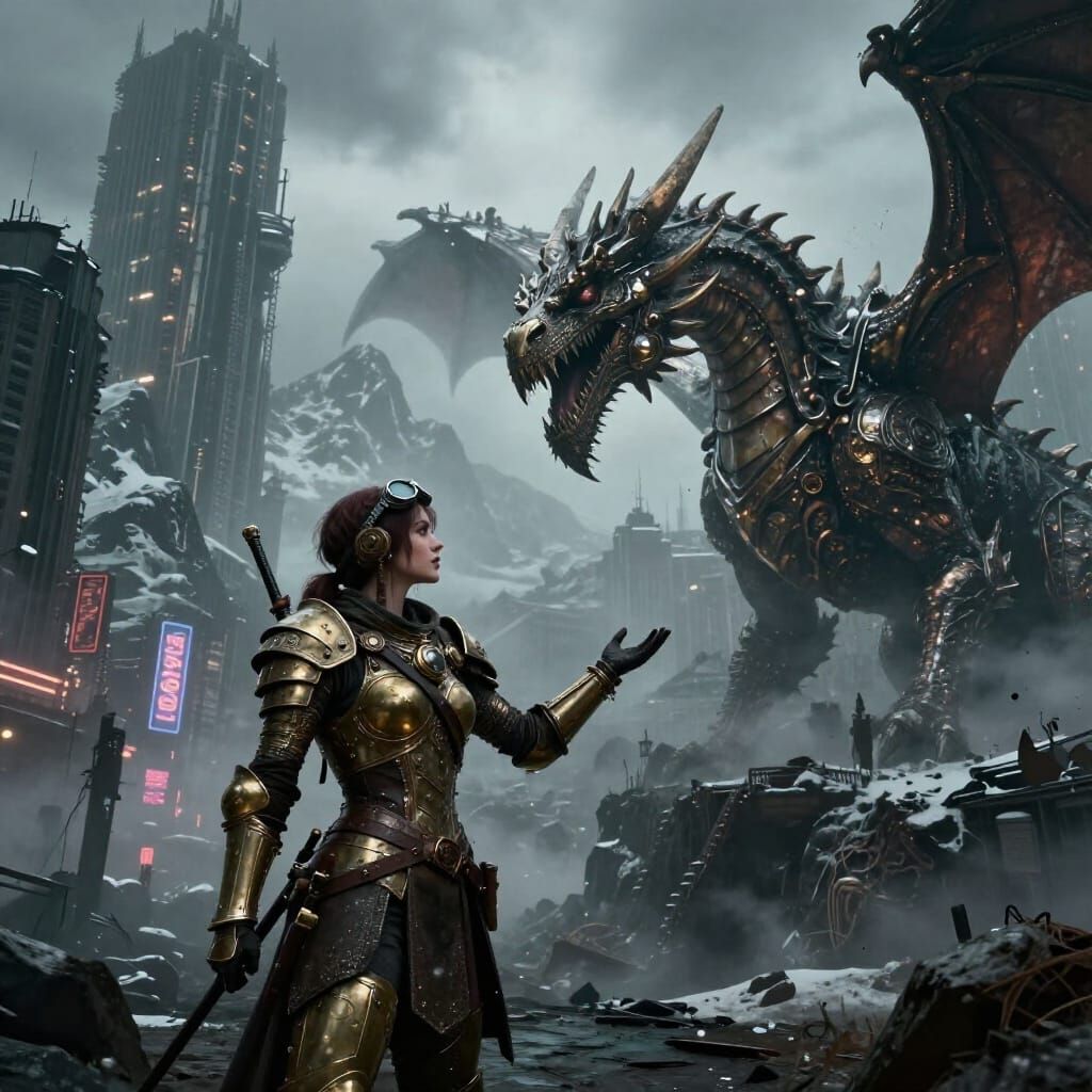 Steampunk Warrior Meets Metal Dragon in Dystopian City
