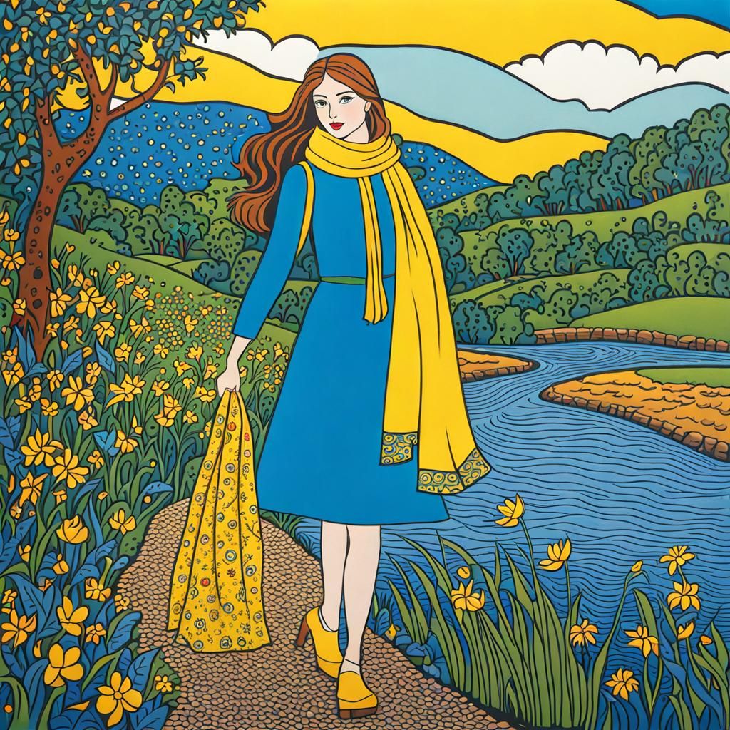 Woman at Riverbank in Naive Art Style