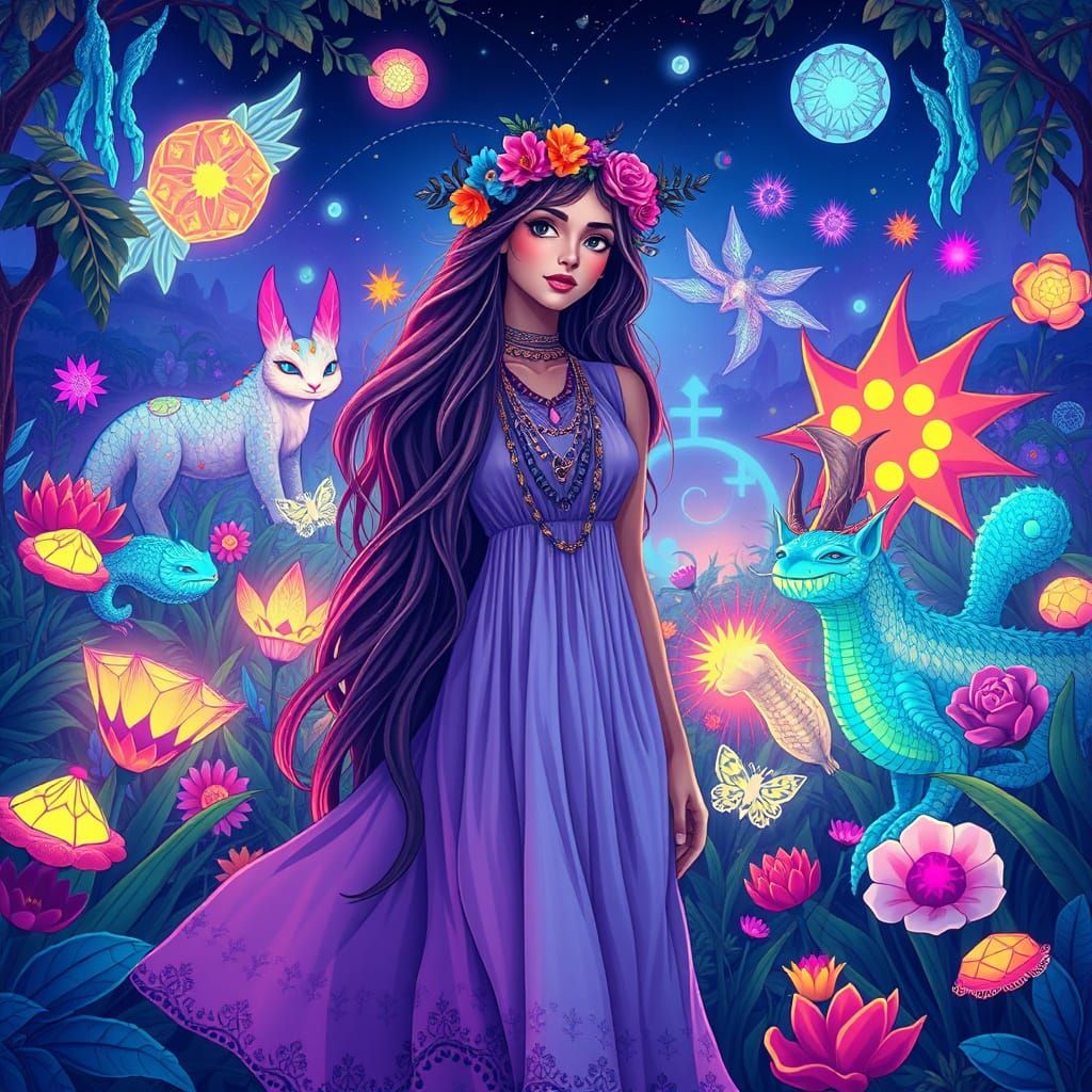 Whimsical Boho Goddess in Vibrant Garden