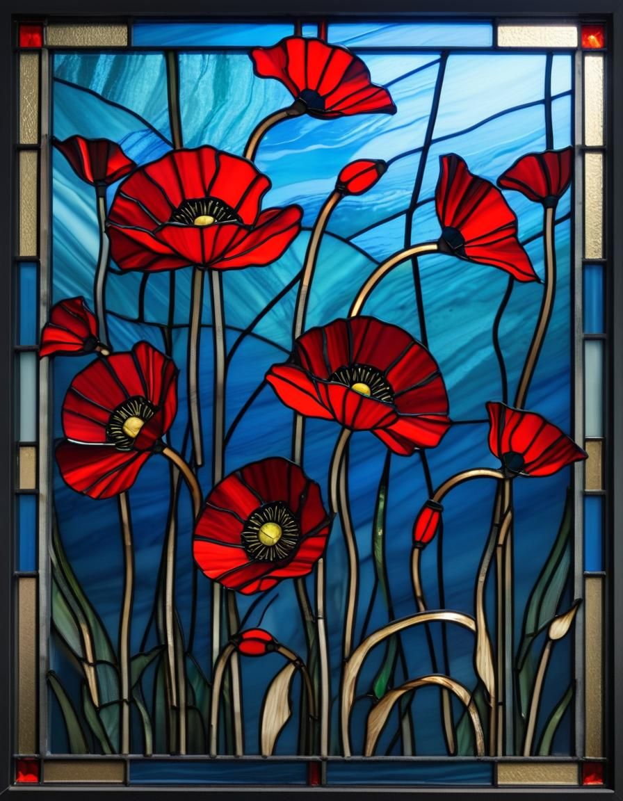 Red Poppy Stained Glass in Art Deco Style