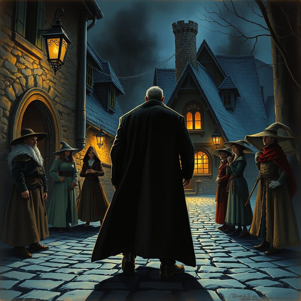 Mysterious Figure at Rustic Inn in Shadowy Street