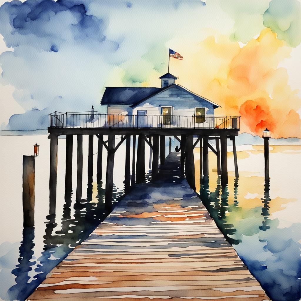 Watercolor Painting of a Tranquil Pier