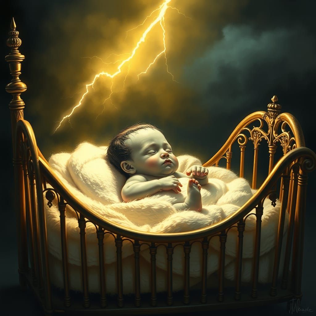 Baby Frankenstein in Crib with Lightning
