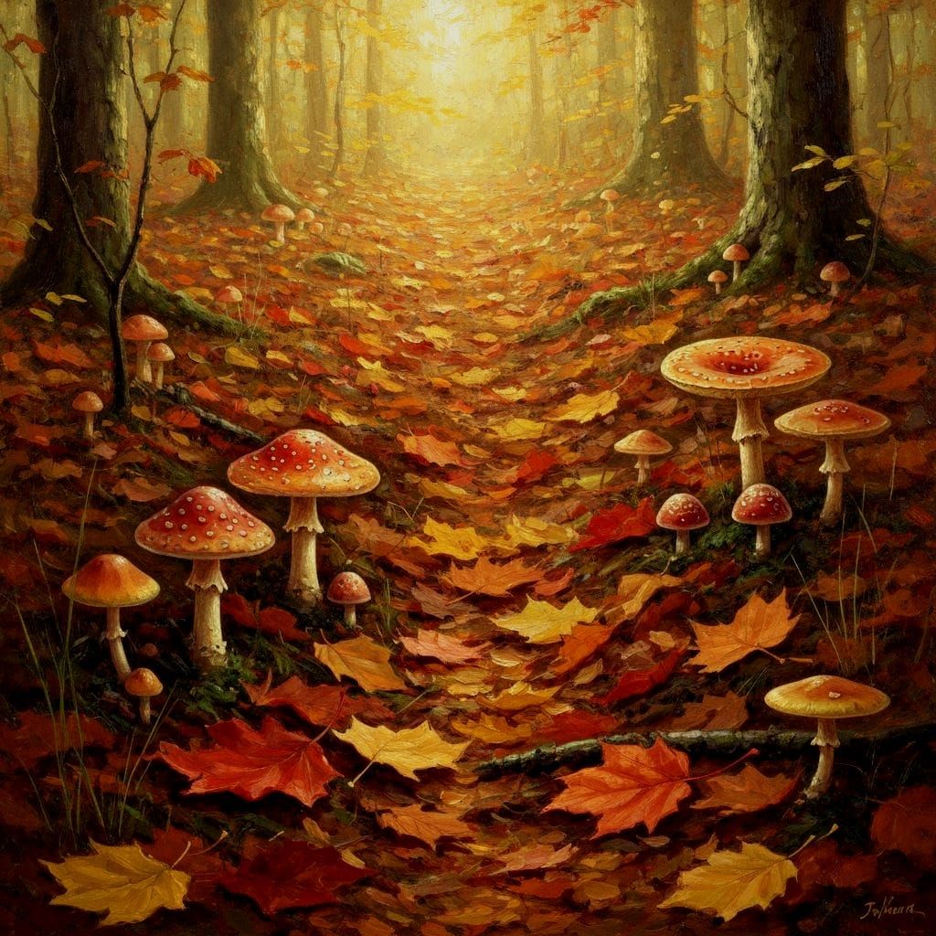 Autumn Forest Mushrooms Amidst Colorful Fallen Leaves