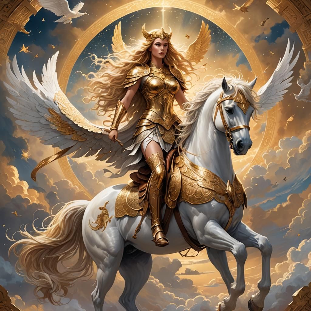 Valkyrie on Pegasus Soaring Through Golden Dawn