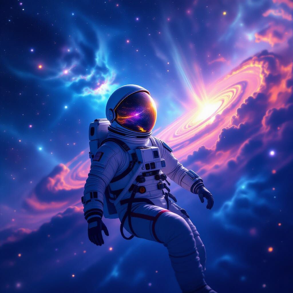 Astronaut Adrift in Vibrant Cosmic Nebula