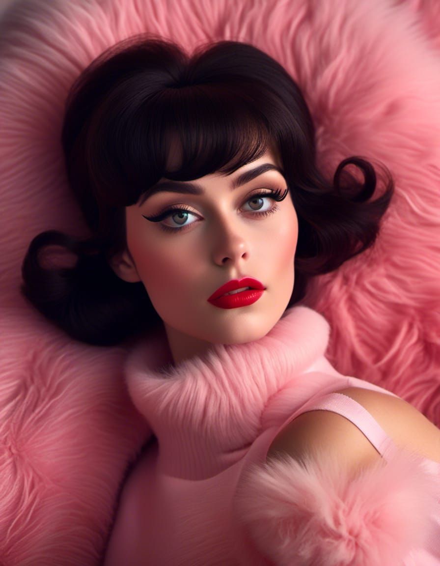 Woman with Bouffant Hair on Pink Fur Blanket
