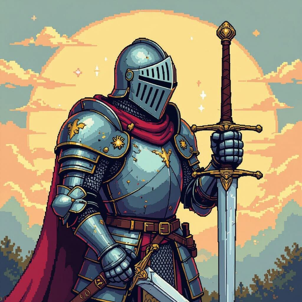Pixel Art Knight with Sword and Detailed Armor