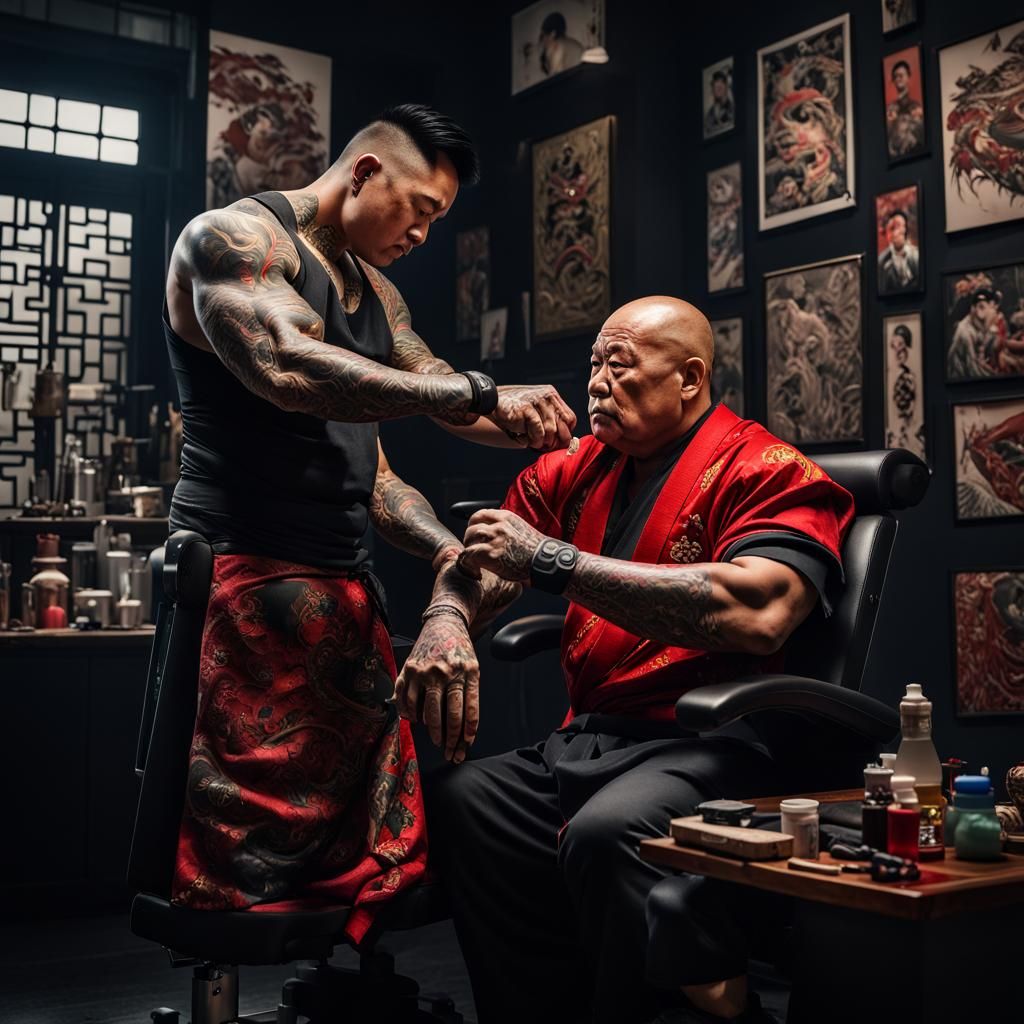 Chinese Man Getting Tattoo Sleeve Fixed, Ultra-Realistic