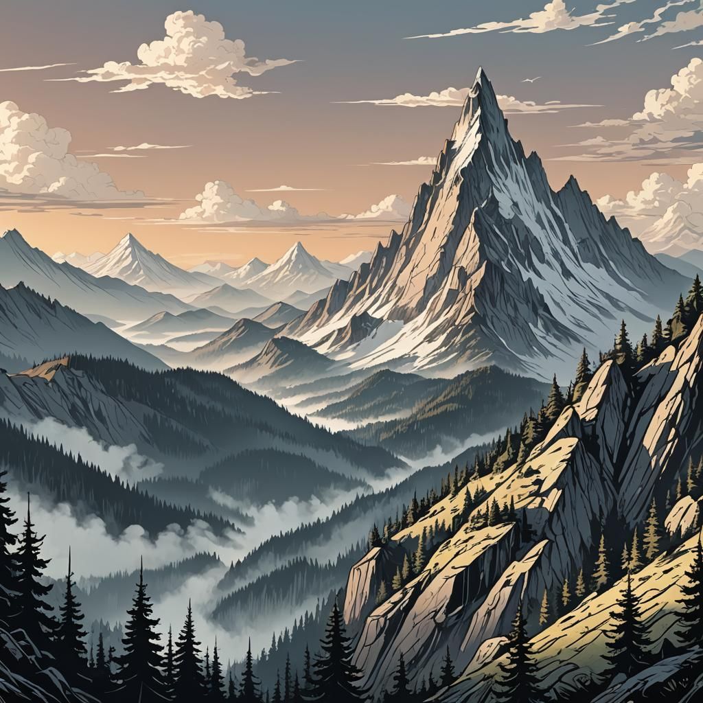 Mountain Peak View in Retro Industrial Design