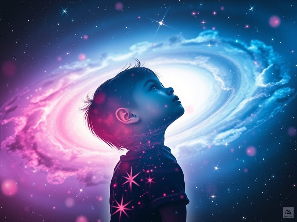 Child Gazing at Cosmic Sky in Ethereal Style