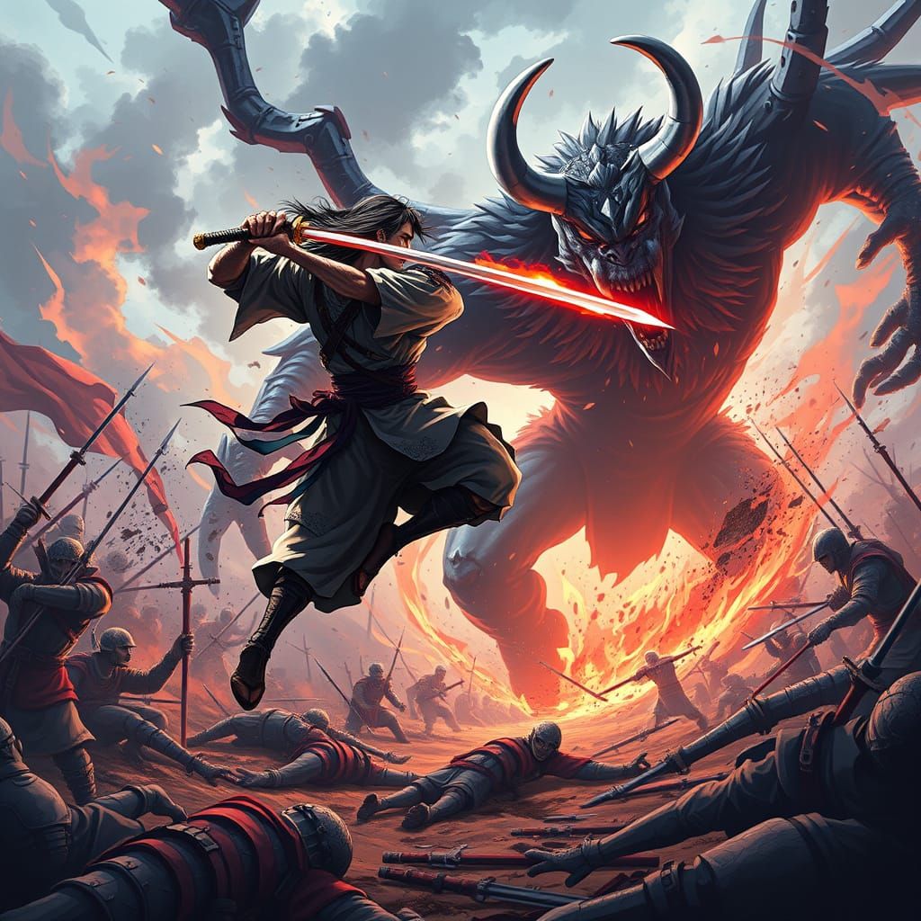 Samurai Warrior Battles Monstrous Oni in Dynamic Anime Style