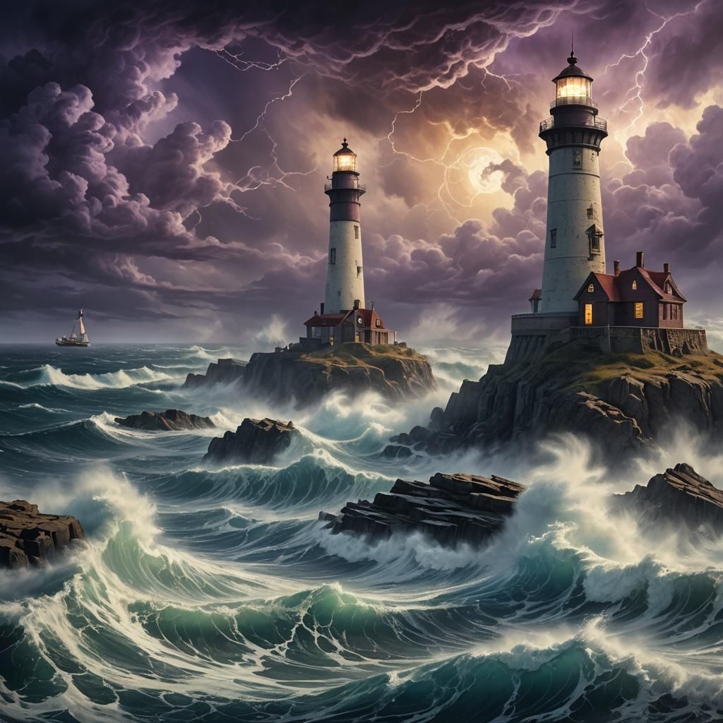 Mystical Oceanscape Lighthouse in Dramatic Digital Painting