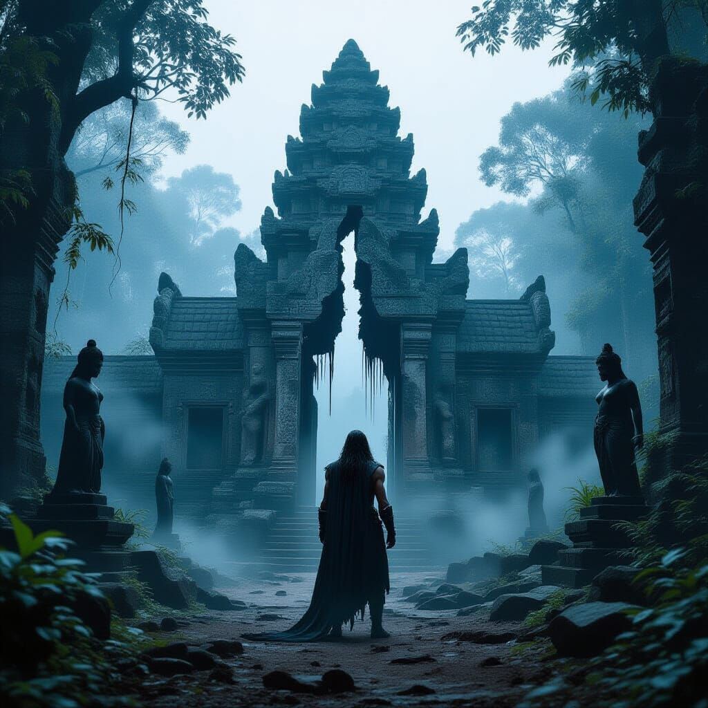 Hero Confronts Shattered Temple in Misty Forest