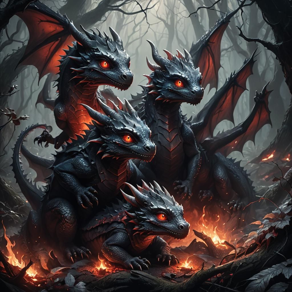Baby Dragons in Dark Mystical Forest